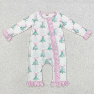 Bow Pattern Tree Pink Ruffles White Girls Christmas Romper