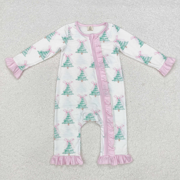 Bow Pattern Tree Pink Ruffles White Girls Christmas Romper