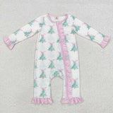 Bow Pattern Tree Pink Ruffles White Girls Christmas Romper