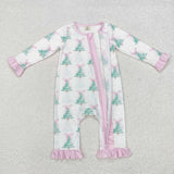 Bow Pattern Tree Pink Ruffles White Girls Christmas Romper