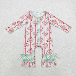 Bow Pattern Green Plaid Ruffles Pink Girls Christmas Romper