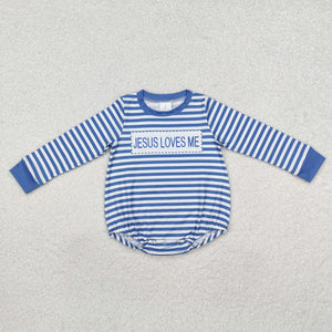 Jesus Loves Me Blue Stripe Boys Christmas Romper