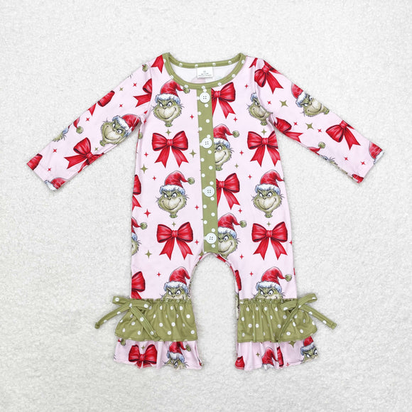 Cartoon Bow Pattern Dots Green Ruffles Pink Girls Christmas Romper