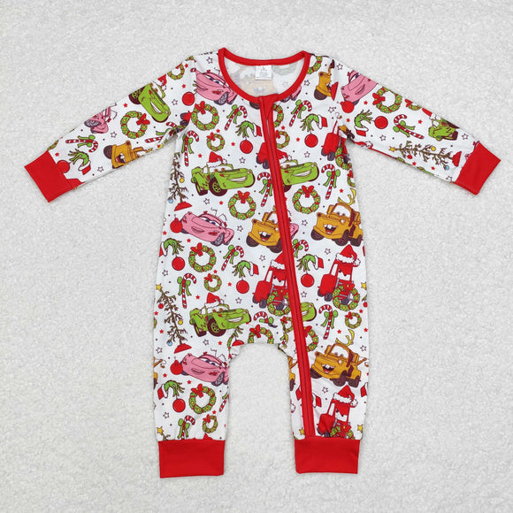 Bamboo Cartoon Car Red White Boys Christmas Romper