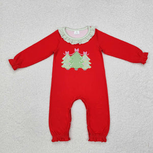 Bow Pattern Tree Stripe Ruffles Red Girls Christmas Romper