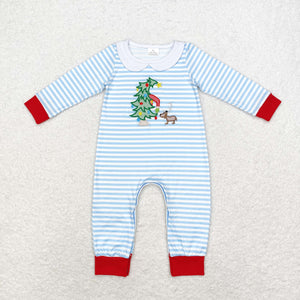 Cartoon Tree Dog Blue Stripe Boys Christmas Romper