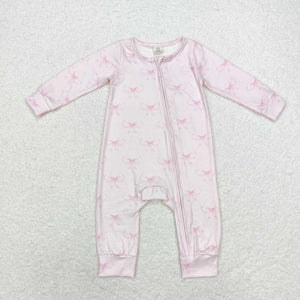 Bamboo Bow Pattern Pink Girls Fall Romper