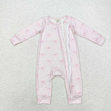 Bamboo Bow Pattern Pink Girls Fall Romper