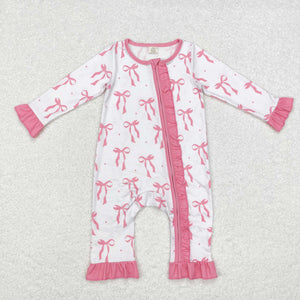 Bamboo Bow Pattern Pink Ruffles Girls Fall Romper