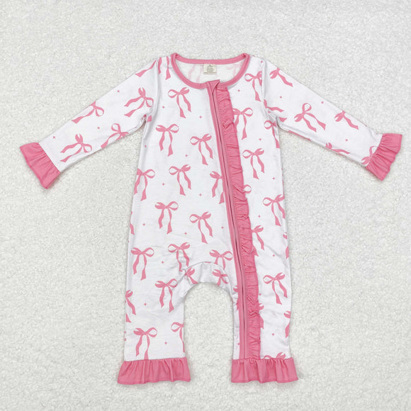 Bamboo Bow Pattern Pink Ruffles Girls Fall Romper