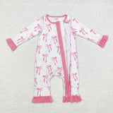 Bamboo Bow Pattern Pink Ruffles Girls Fall Romper