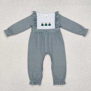 Bow Tree Green Stripe Girls Christmas Romper