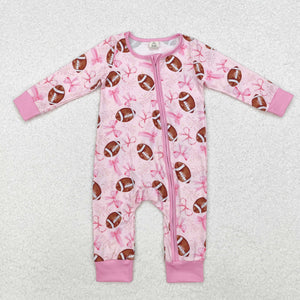 Bamboo Football Bow Pattern Pink Girls Fall Romper