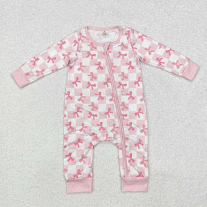 Bamboo Bow Pattern Pink Plaid Girls Fall Romper