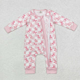 Bamboo Bow Pattern Pink Plaid Girls Fall Romper