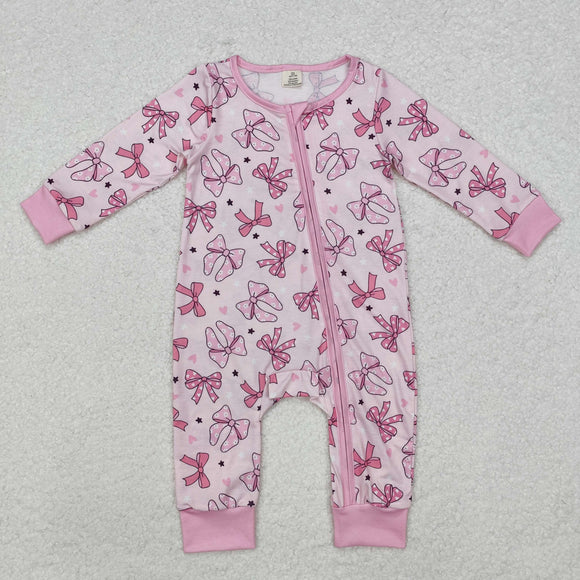 Bamboo Heart Floral Bow Pattern Pink Girls Valentines Romper