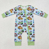 Bamboo Cartoon Green Blue Boys Fall Romper