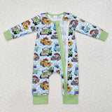 Bamboo Cartoon Green Blue Boys Fall Romper