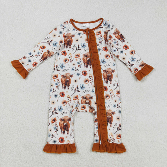 Highland Cow Floral Brown Ruffles Girls Fall Romper