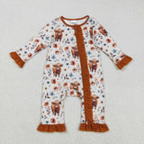 Highland Cow Floral Brown Ruffles Girls Fall Romper