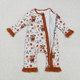 Highland Cow Floral Brown Ruffles Girls Fall Romper