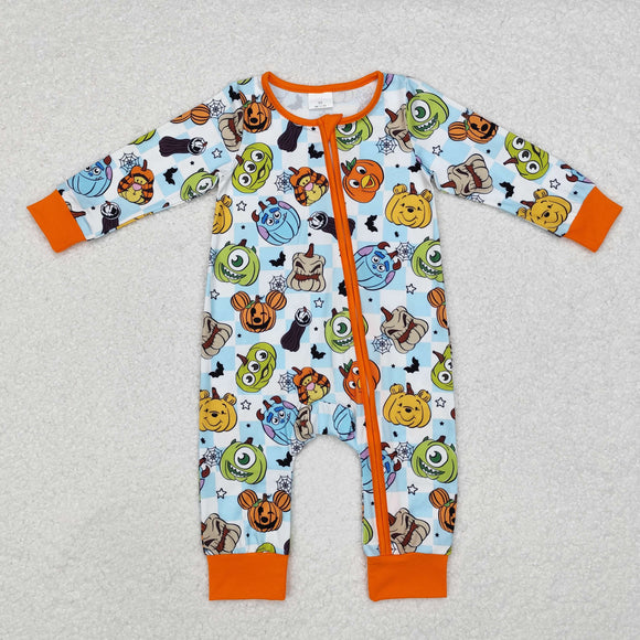 Cartoon Bats Orange Blue Plaid Boys Halloween Romper