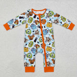 Cartoon Bats Orange Blue Plaid Boys Halloween Romper