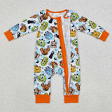 Cartoon Bats Orange Blue Plaid Boys Halloween Romper