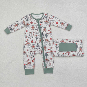 Cactus Santa Gingerbread Beige Green Boys Christmas Romper