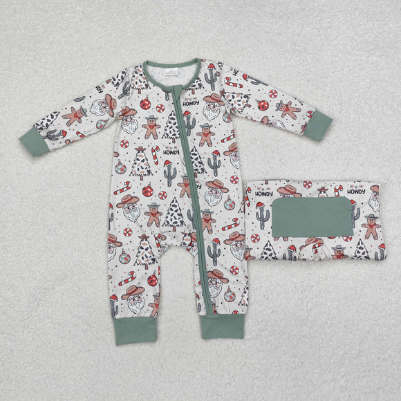 Cactus Santa Gingerbread Beige Green Boys Christmas Romper