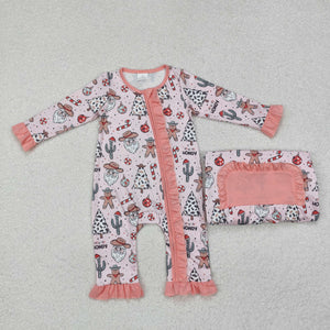 Cactus Santa Gingerbread Beige Pink Girls Christmas Romper