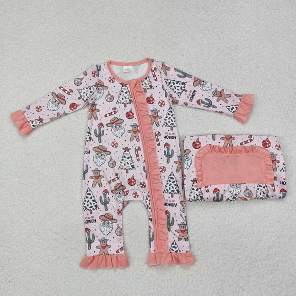 Cactus Santa Gingerbread Beige Pink Girls Christmas Romper