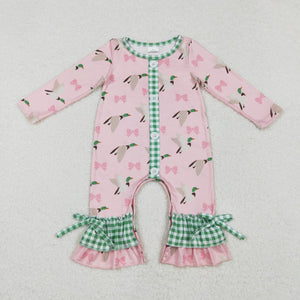 Duck Bow Pattern Green Plaid Ruffles Pink Girls Fall Romper