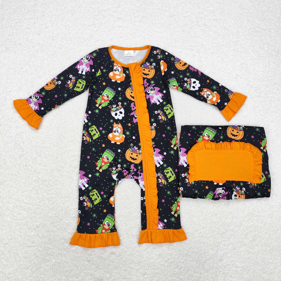 Cartoon Dogs Stars Orange Black Girls Halloween Romper