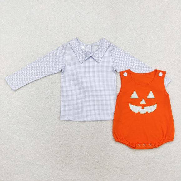 Orange Plaid Smile Blue Top Boys Halloween Romper