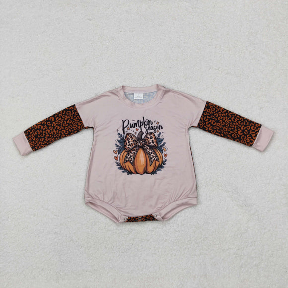 Leopard Print Bow Pattern Pumpkin Girls Fall Romper