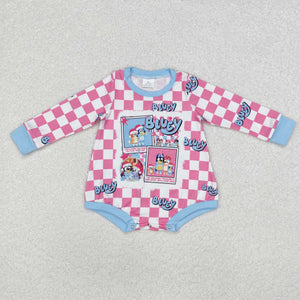 Cartoon Dogs Pink Plaid Girls Christmas Romper