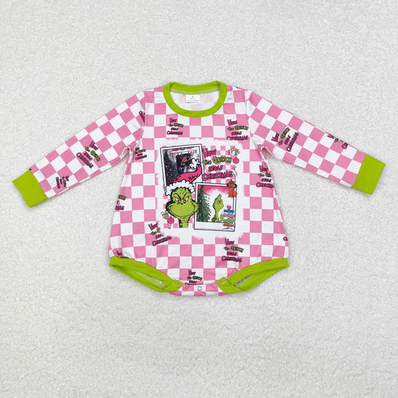 Cartoon Pink Plaid Green Girls Christmas Romper