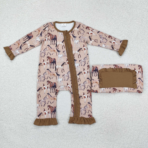 Horses Brown Ruffles Girls Fall Romper