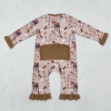 Horses Brown Ruffles Girls Fall Romper