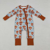 Highland Cow Floral Brown Blue Girls Fall Romper