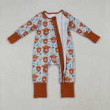 Highland Cow Floral Brown Blue Girls Fall Romper
