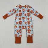 Highland Cow Floral Brown Blue Girls Fall Romper