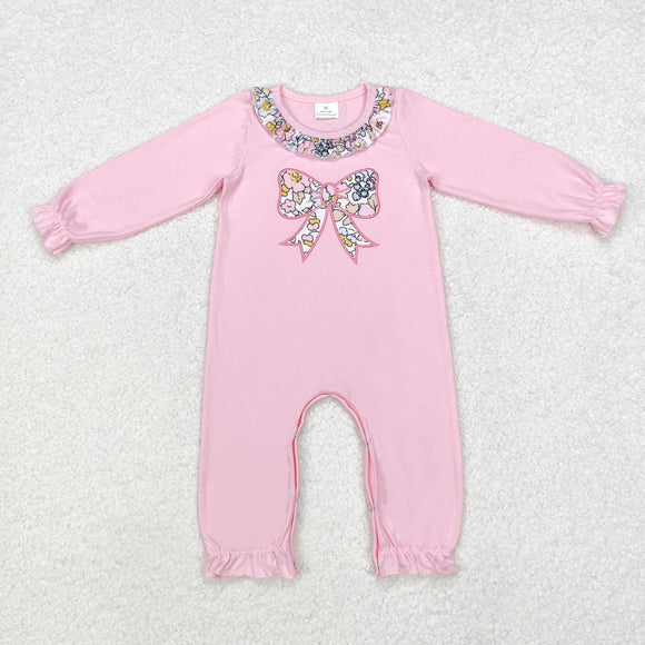 Floral Bow Pattern Pink Girls Fall Romper