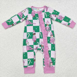 Bamboo Elf Green Plaid Pink Ruffles Girls Christmas Romper