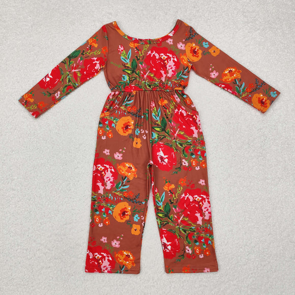 Floral Brown Pockets Girls Jumpsuit