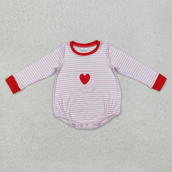 Heart Pink Stripe Pocket Girls Valentines Romper