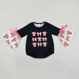 Bow Pattern Highland Cow Black Girls Fall Romper