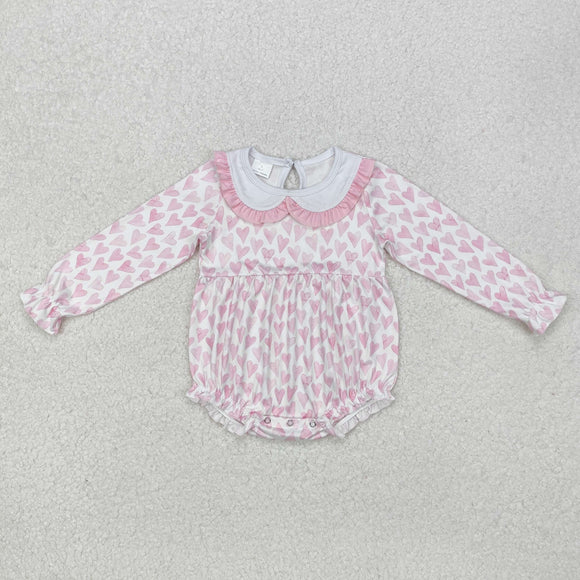 Heart Pink Ruffles White Girls Valentines Romper