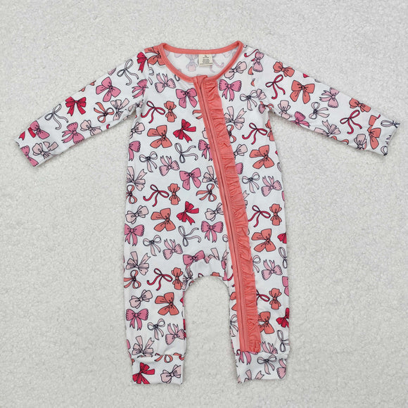 Bamboo Bow Pattern Ruffles White Girls Fall Romper